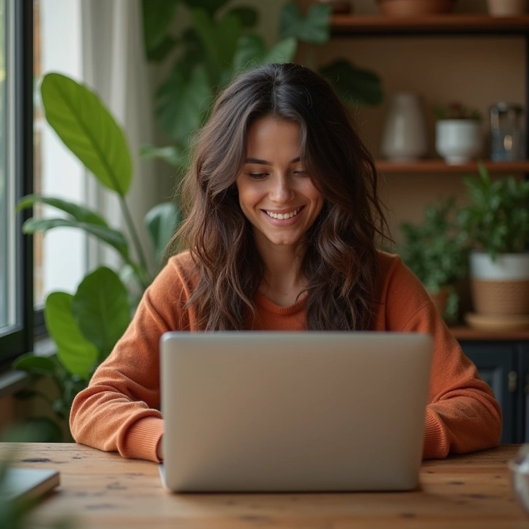 Laptop with SSD drive, fast loading, woman working, vibrant Brazilian home office, 8k quality, Notebook com SSD mostrando carregamento rápido em home office.