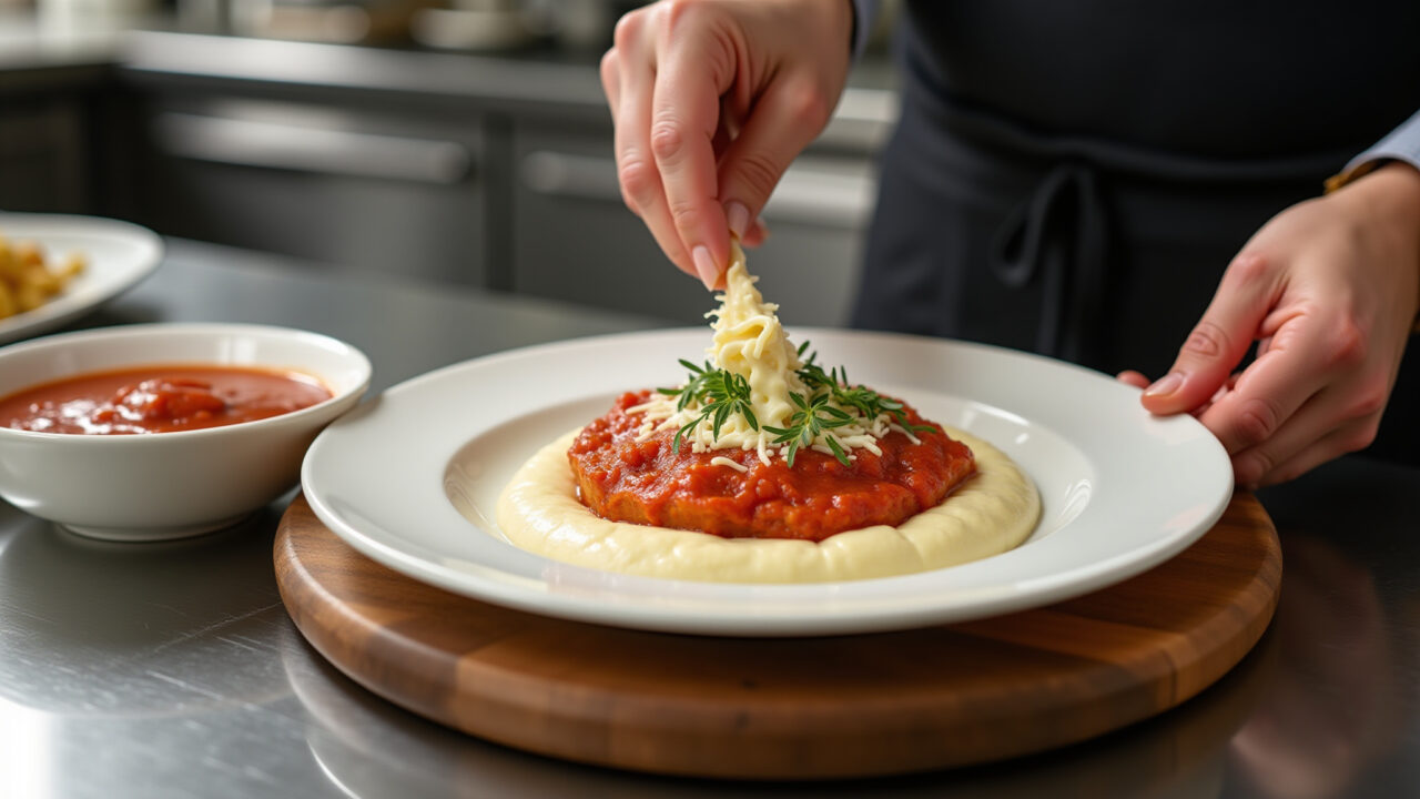 Lasanha being assembled with white sauce, tomato sauce, and cheese in a Brazilian kitchen, Lasanha com molho branco e queijo.