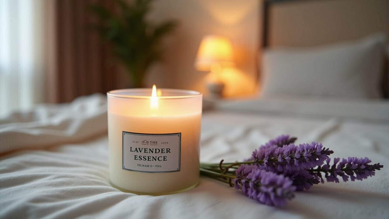Lavender essence candle, soft focus, bedroom setting, calming atmosphere, diffused light, Brazilian Vela de lavanda para relaxamento.