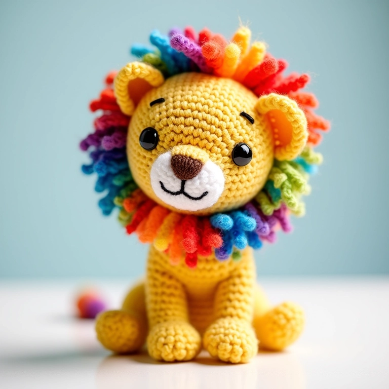 Leão amigurumi colorido com juba arco-íris.