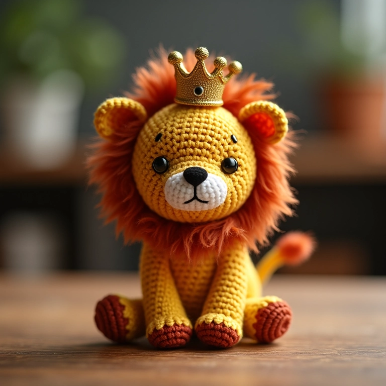 Leão amigurumi com coroa, adorável e fofo.