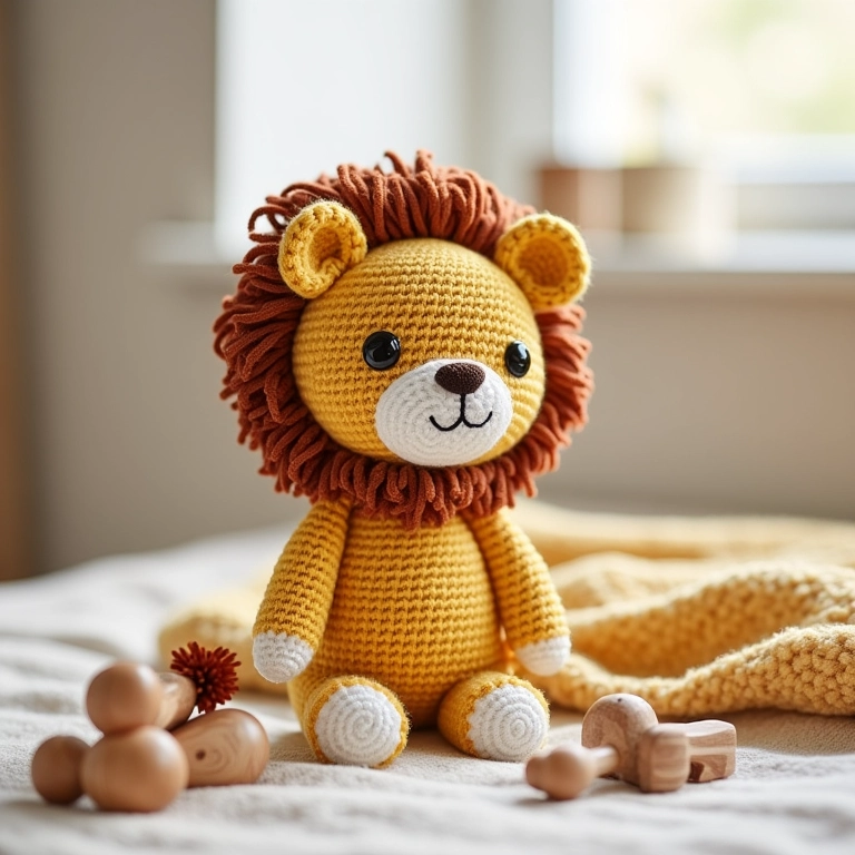 Leão amigurumi em um quarto de bebê neutro.
