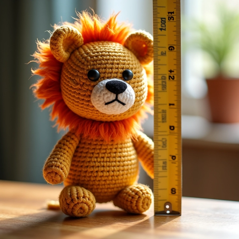 Leão amigurumi grande ao lado de uma fita métrica.