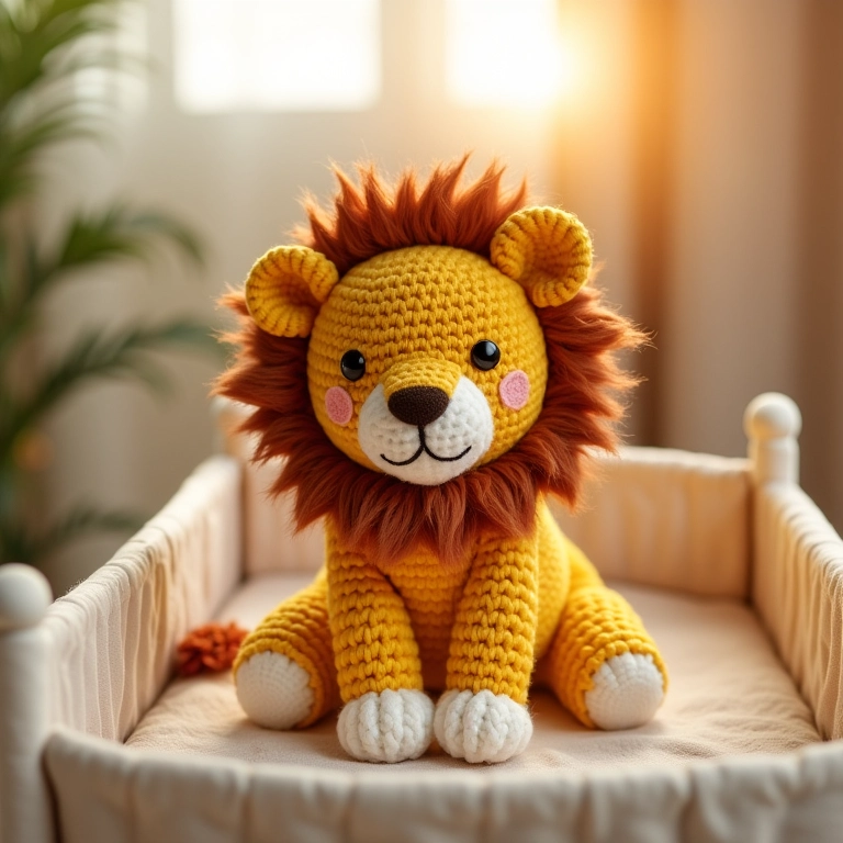 Leão amigurumi para bebê feito de algodão.