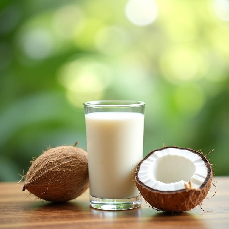 Leite de coco em copo com coco fresco ao lado.