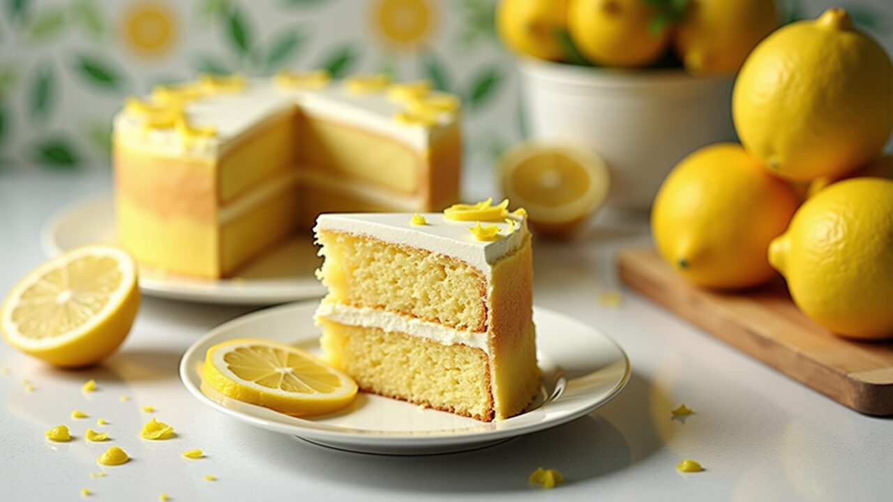 Lemon cake slice, citrus party decor, natural light, 8K quality, sharp focus, commercial Fatia de bolo de limão para festa infantil.