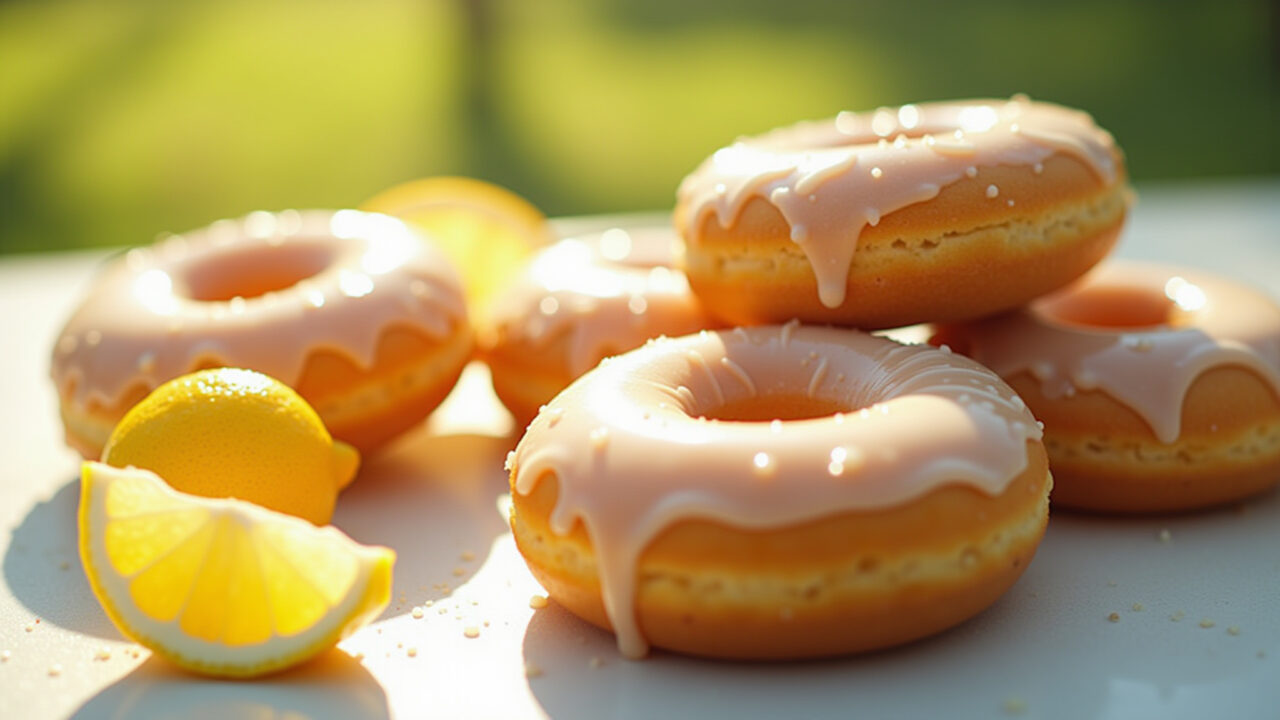 Lemon glazed donuts, refreshing, summer vibe, bright light, 8K, professional photography, sharp Donuts glaceados com limão, refrescante.