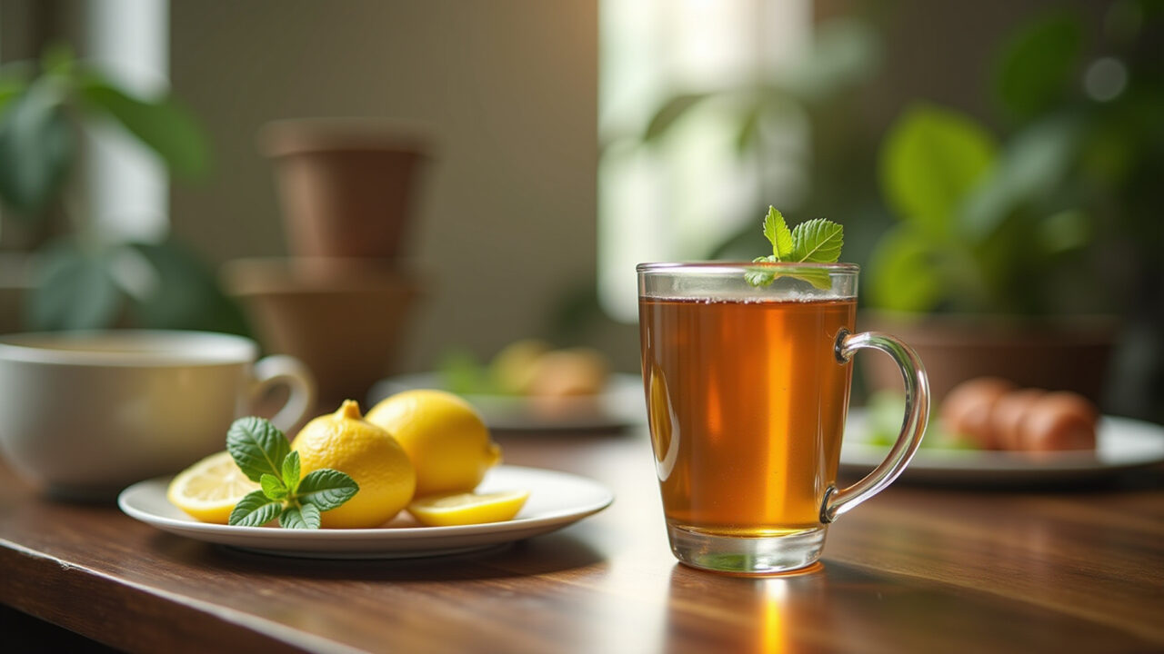 Lemon leaf tea after meal, Brazilian family table, natural light, healthy digestion, lifestyle Chá de folha de limão para digestão