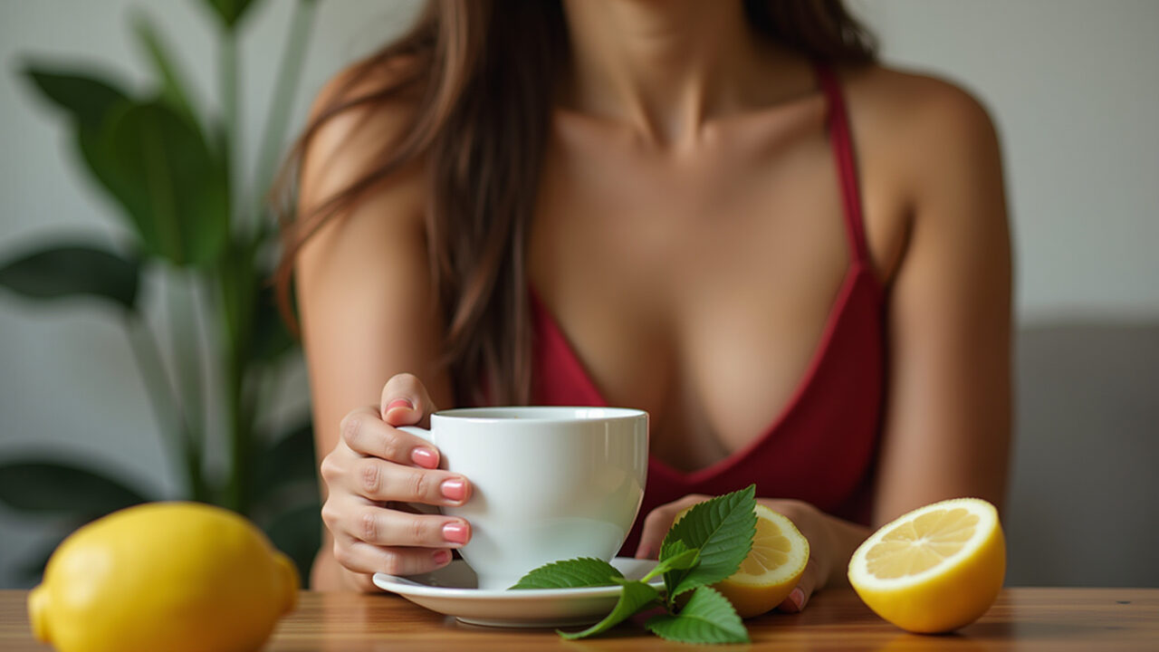 Lemon leaf tea, Brazilian woman relaxing, menstrual pain relief, comforting, natural remedy, 8K, Chá de folha de limão para cólicas