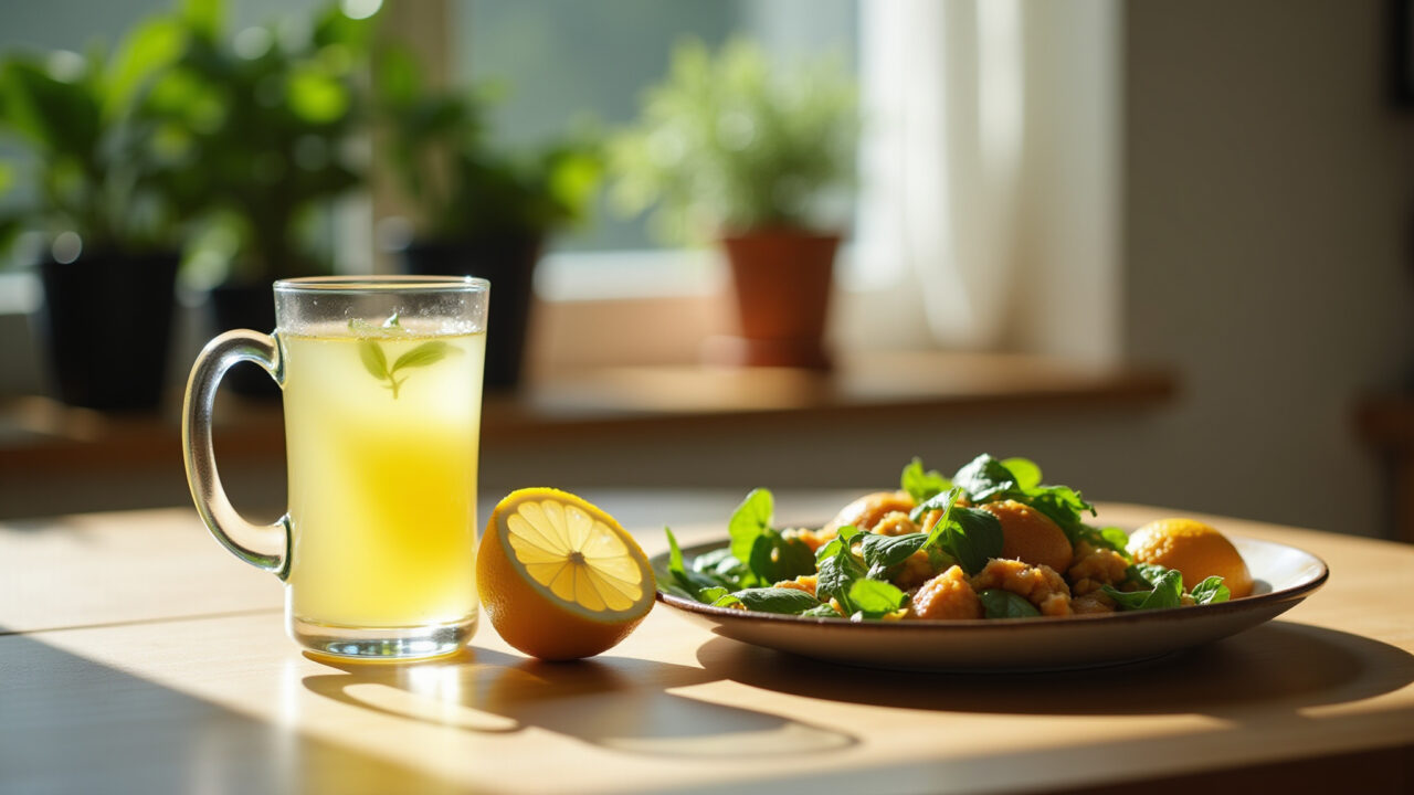Lemon leaf tea with healthy meal, Brazilian table setting, natural light, weight loss journey, Chá de folha de limão e emagrecimento