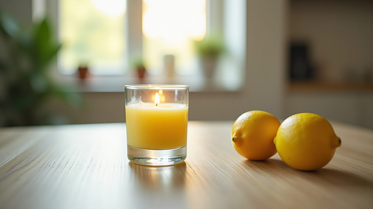 Lemon scented candle, office space, bright light, focus, productivity, minimalist Brazilian design, Vela de limão siciliano para energia.