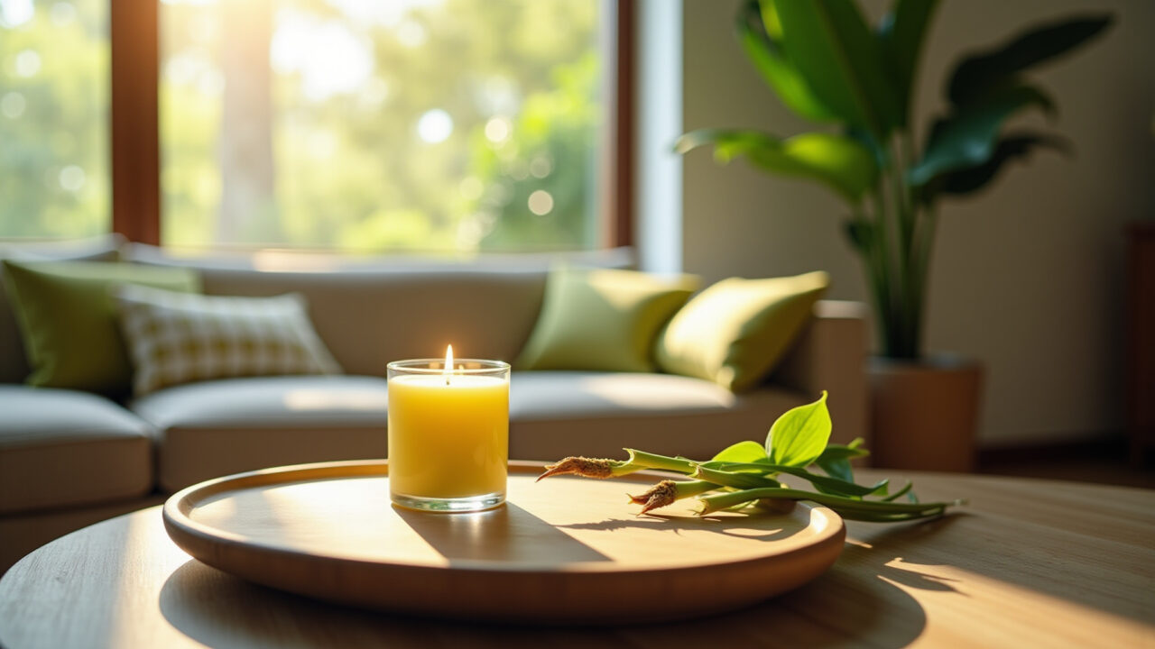 Lemongrass candle, bright living room, tropical vibe, natural light, refreshing Brazilian decor, Vela de capim limão para leveza tropical.