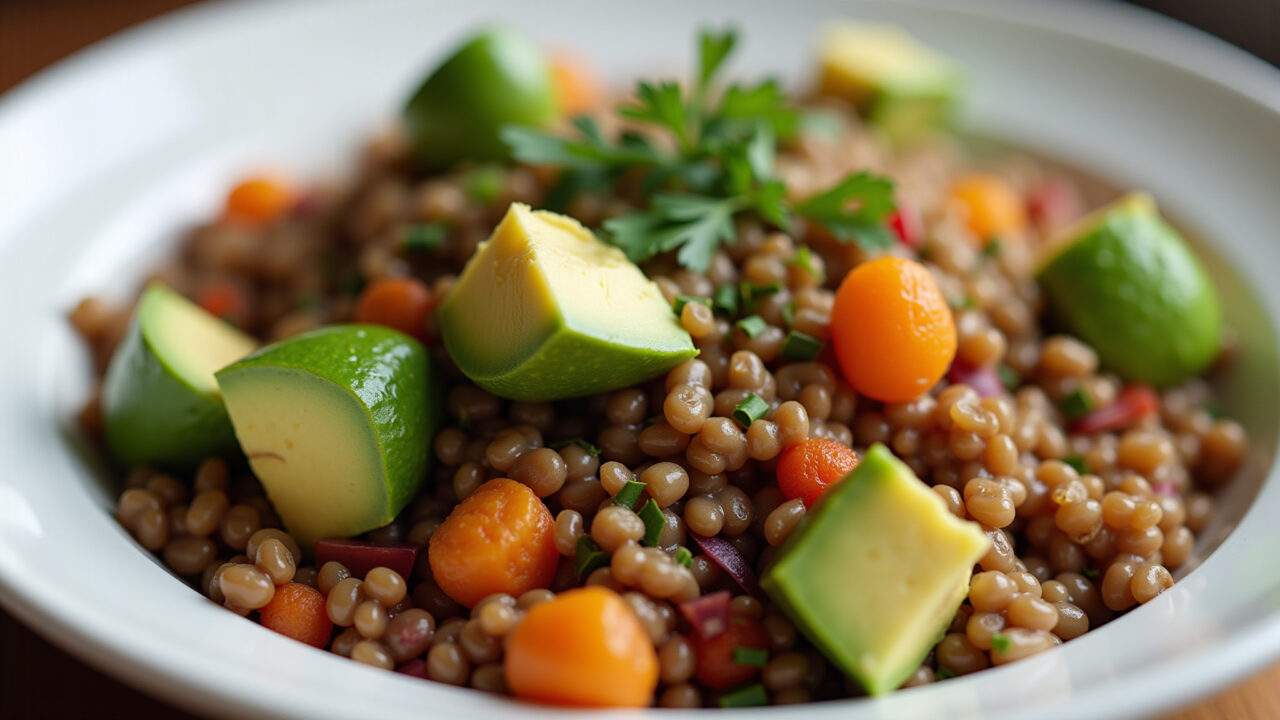 Lentil salad with cooked vegetables and avocado cubes, natural light, 8K, sharp focus, professional Salada de lentilha, legumes e abacate.