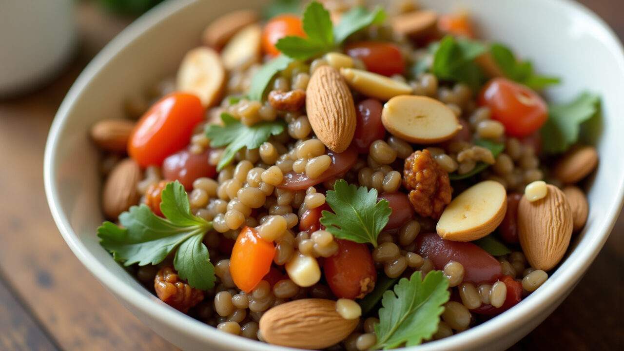Lentil salad with cooked vegetables and chopped nuts (almonds, walnuts), natural light, 8K, sharp Salada de lentilha, legumes e castanhas crocantes.