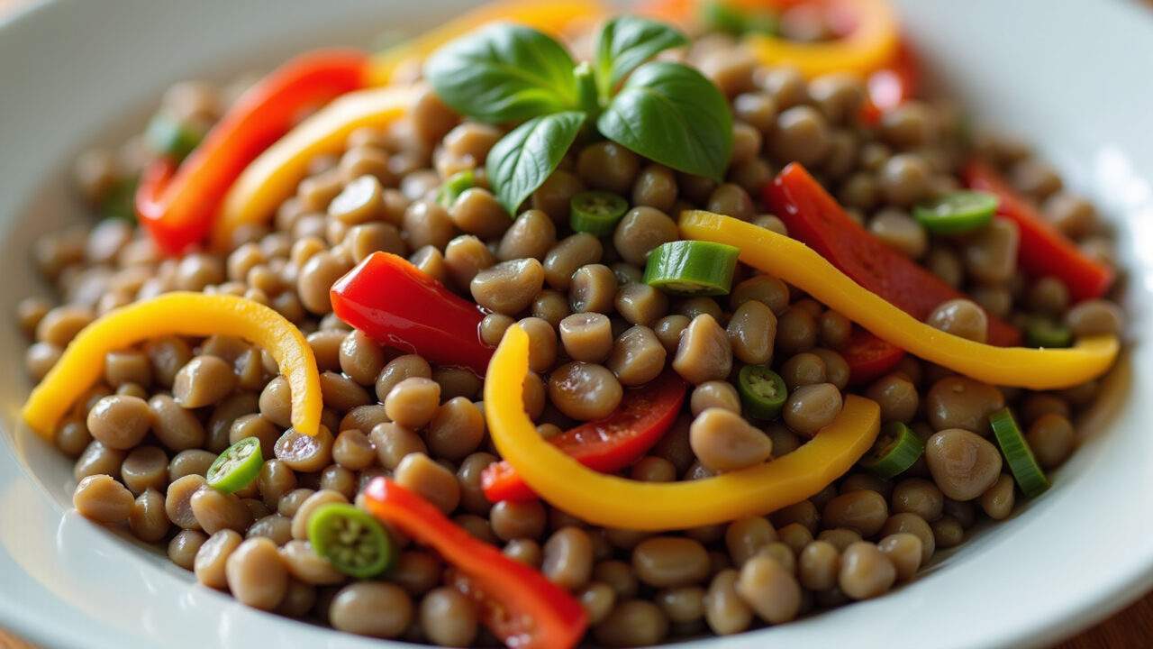 Lentil salad with cooked vegetables and colorful bell peppers (red, yellow, green), natural light, Salada de lentilha, legumes e pimentões coloridos.