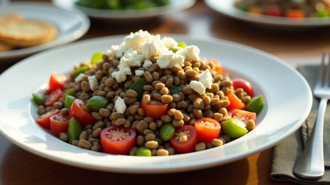 Lentil salad with cooked vegetables and crumbled feta cheese, natural light, 8K, sharp focus, Salada de lentilha, legumes e queijo feta.
