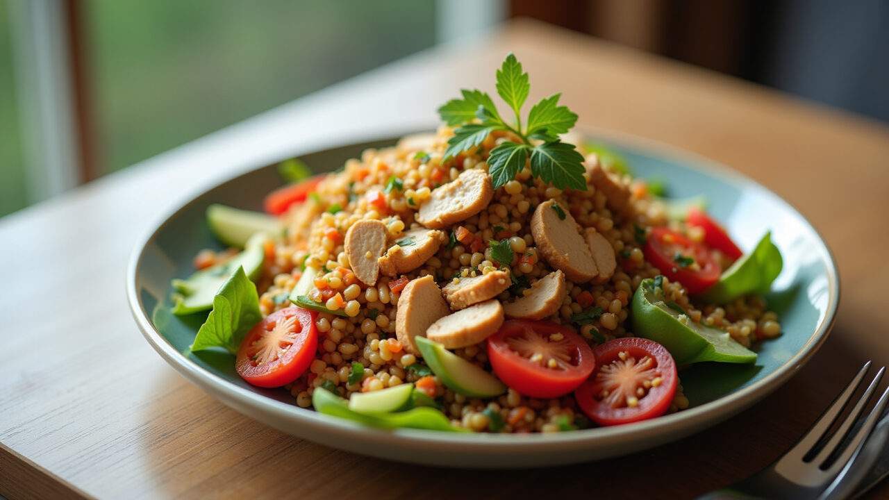 Lentil salad with cooked vegetables and shredded chicken on a plate, natural light, 8K, sharp Salada de lentilha, legumes e frango desfiado.