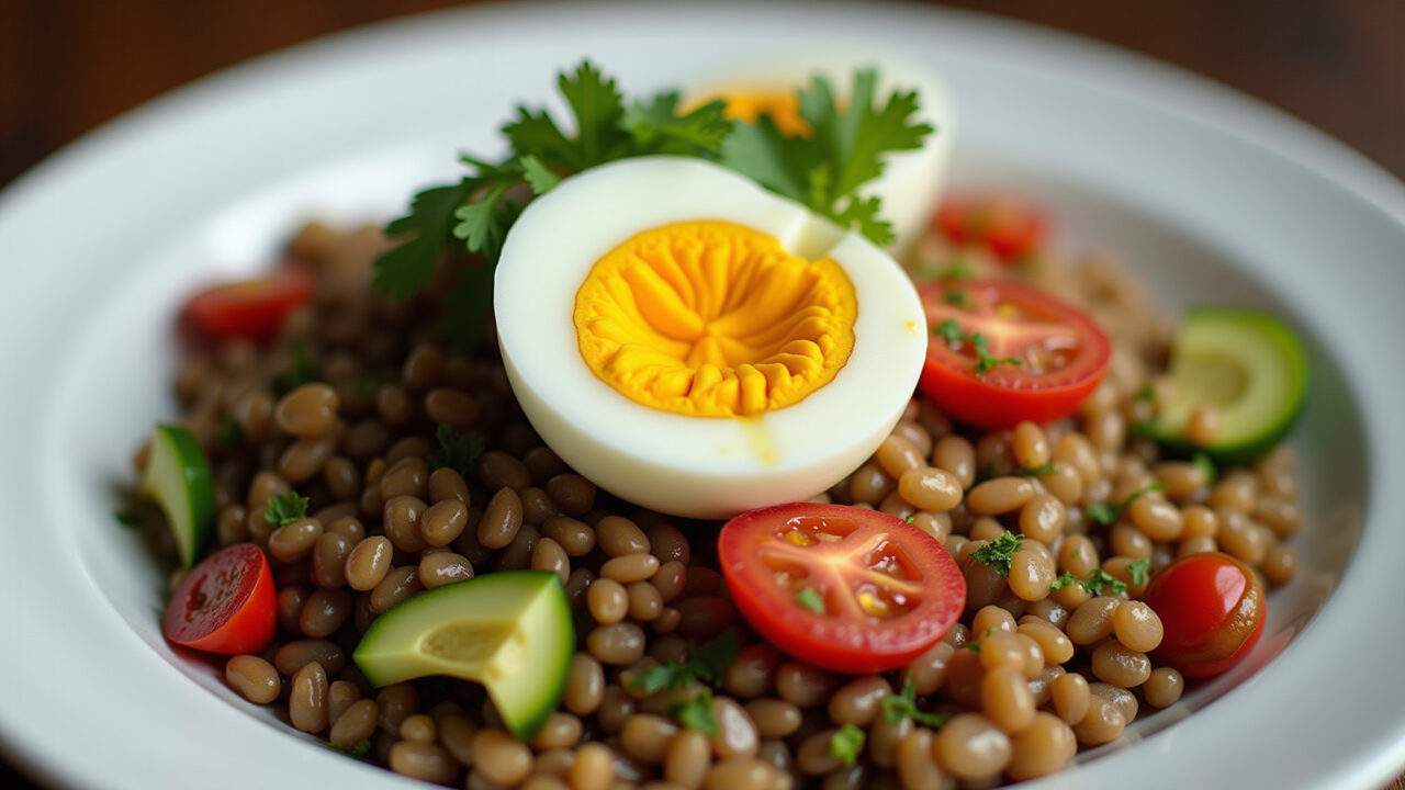 Lentil salad with cooked vegetables and sliced boiled egg, natural light, 8K, sharp focus, Salada de lentilha, legumes e ovo cozido.
