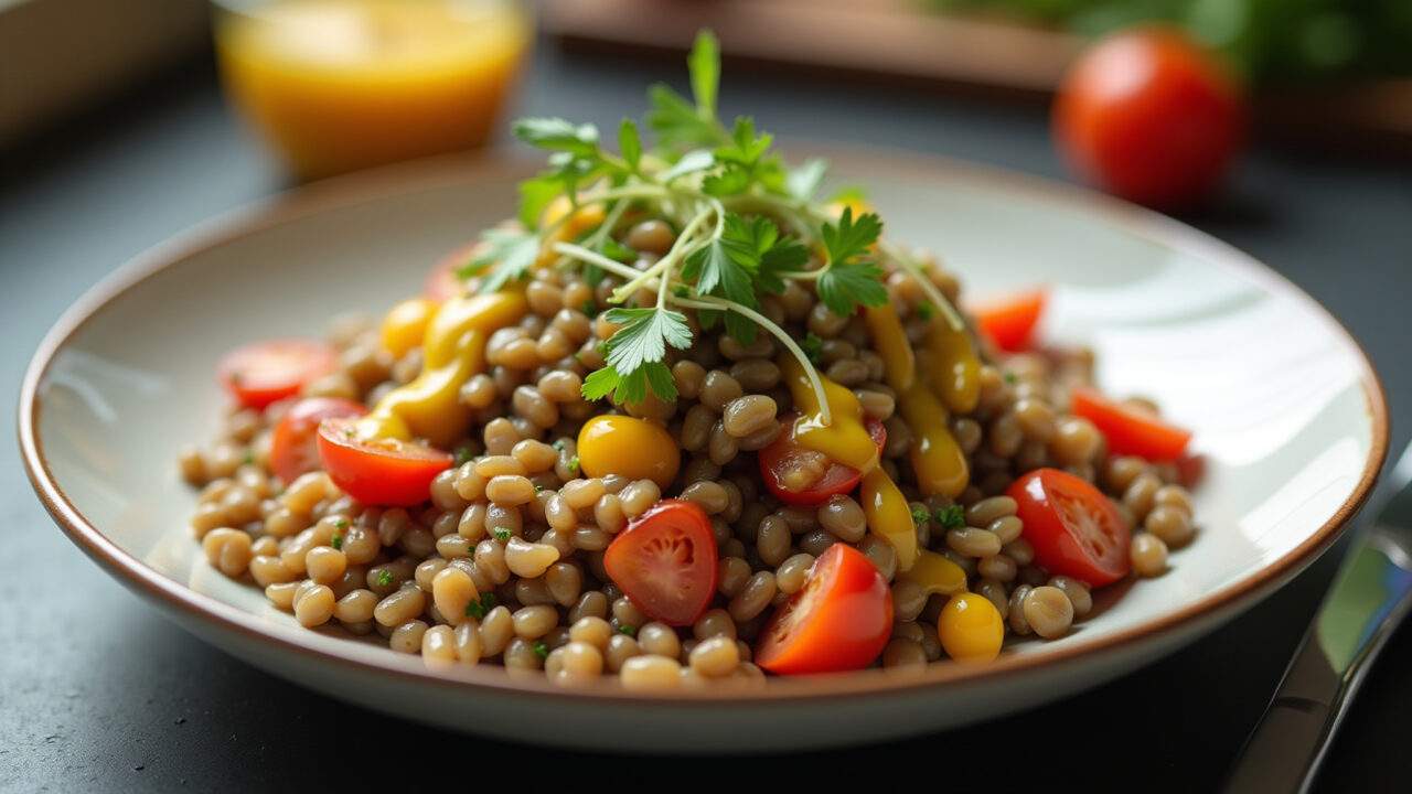 Lentil salad with cooked vegetables drizzled with mustard and honey dressing, natural light, 8K, Salada de lentilha com molho de mostarda e mel.