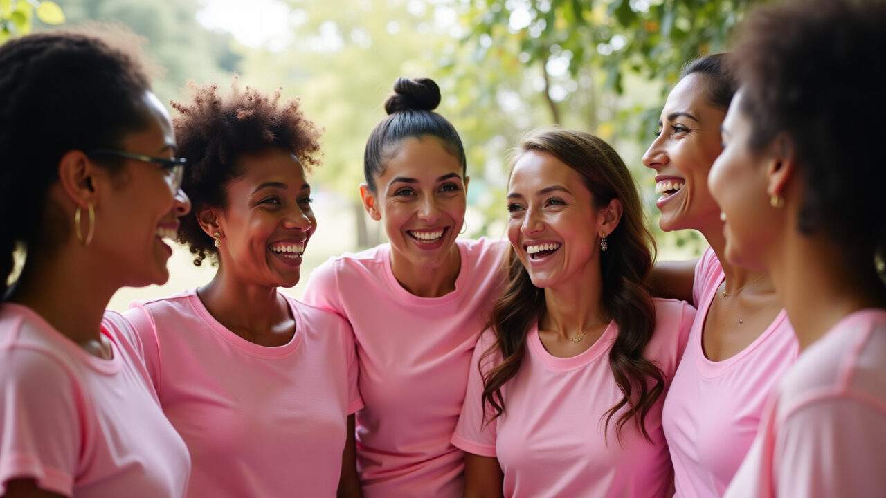 Mulheres brasileiras diversas em apoio ao Outubro Rosa.