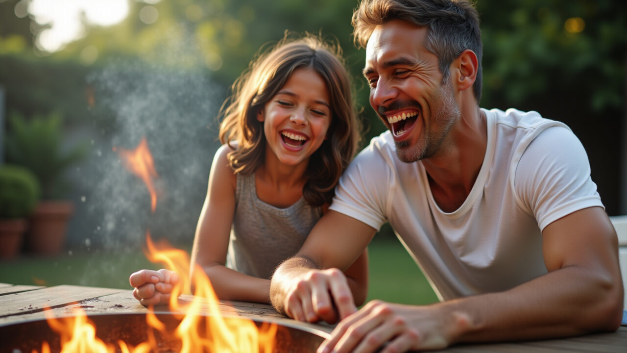 Lifestyle photography, 8K quality, father and daughter laughing, natural lighting, Brazilian Pai e filha rindo juntos durante churrasco de aniversário.