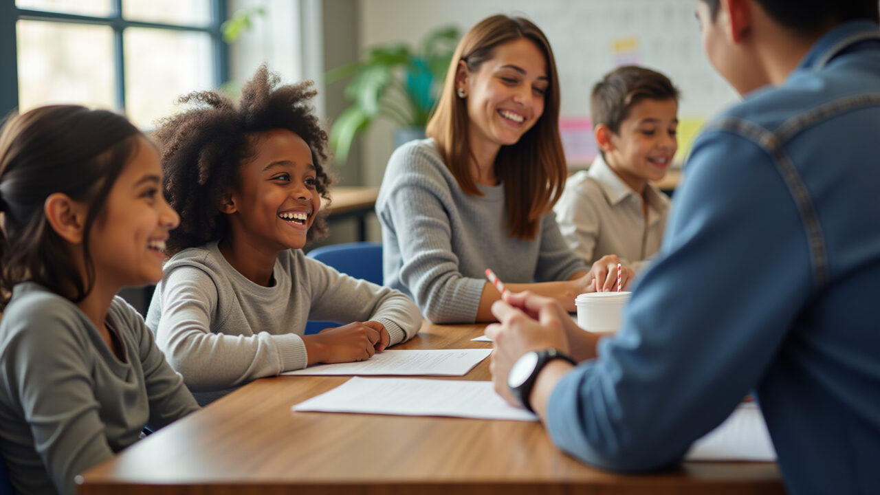 Lifestyle photography, 8K quality, students congratulating teacher, natural lighting, classroom Alunos parabenizando professor em sala de aula.