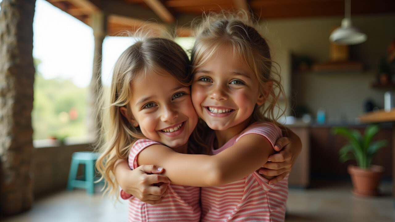 Lifestyle photography, 8K quality, two sisters hugging, warm natural lighting, Brazilian home Irmãs se abraçando emocionadas no dia do aniversário.