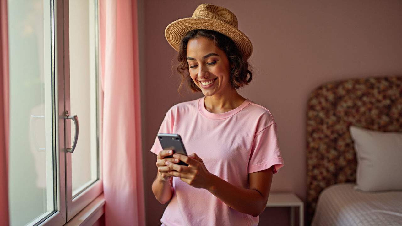 Mulher compartilhando informações sobre Outubro Rosa nas redes sociais.
