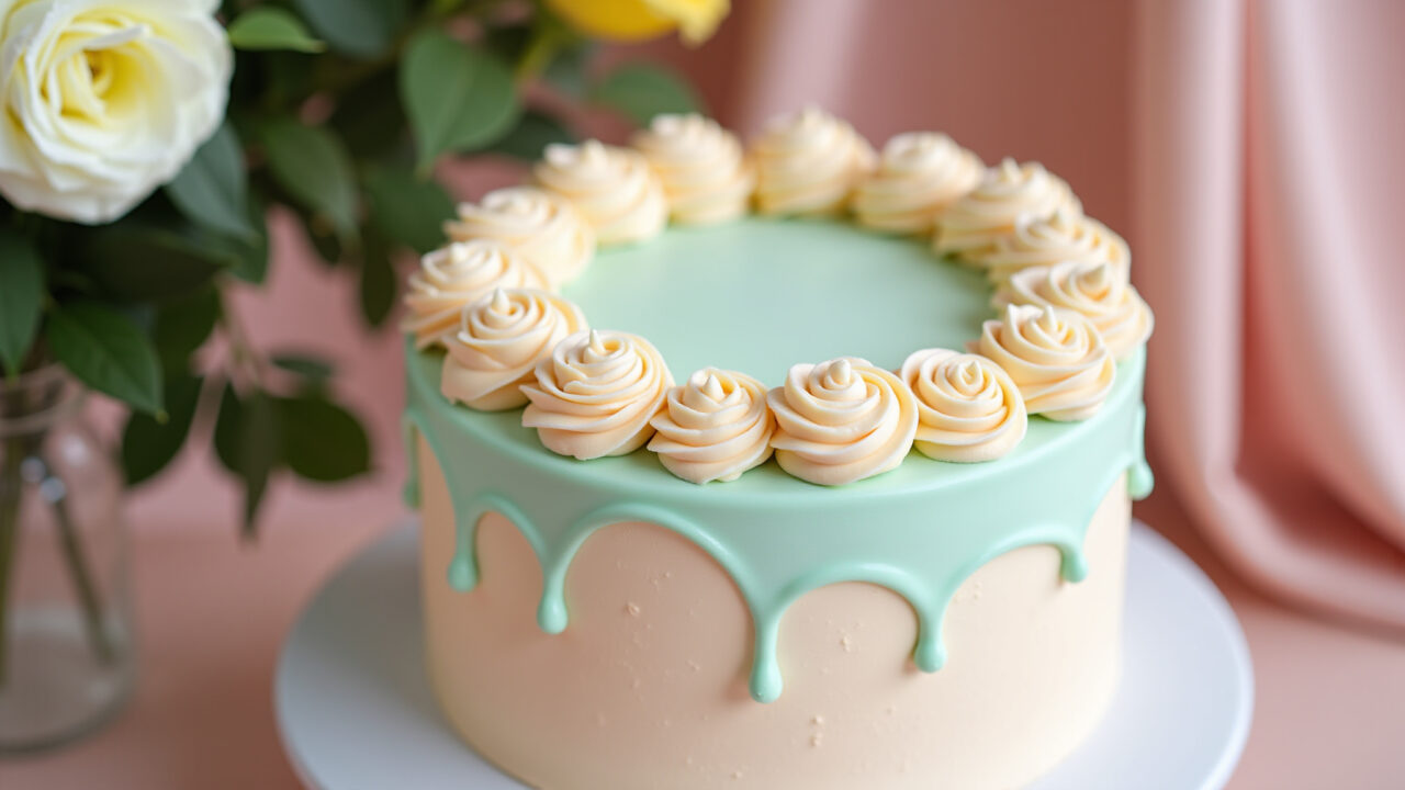 Bolo decorado feminino com rosetas de chantilly