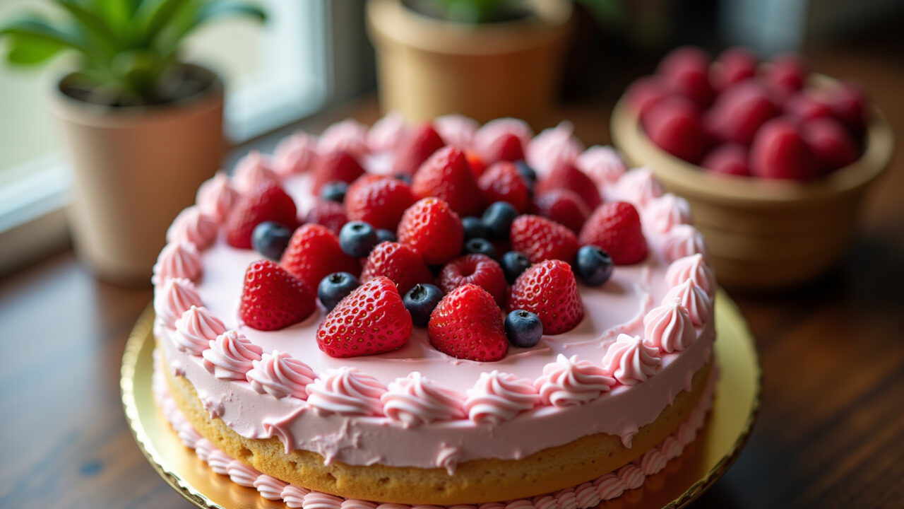 Bolo decorado feminino com frutas vermelhas