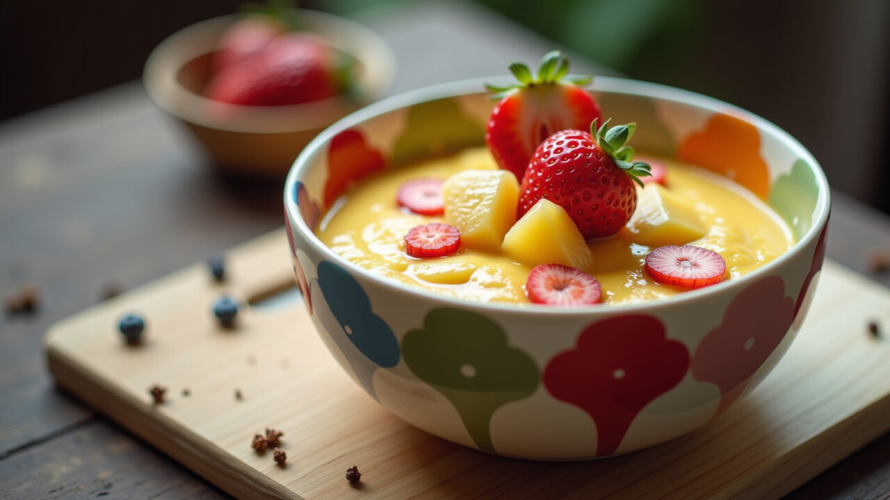 Lifestyle photography of a creamy mingau de aveia, topped with fresh fruit, served in a colorful Mingau de aveia cremoso e nutritivo.
