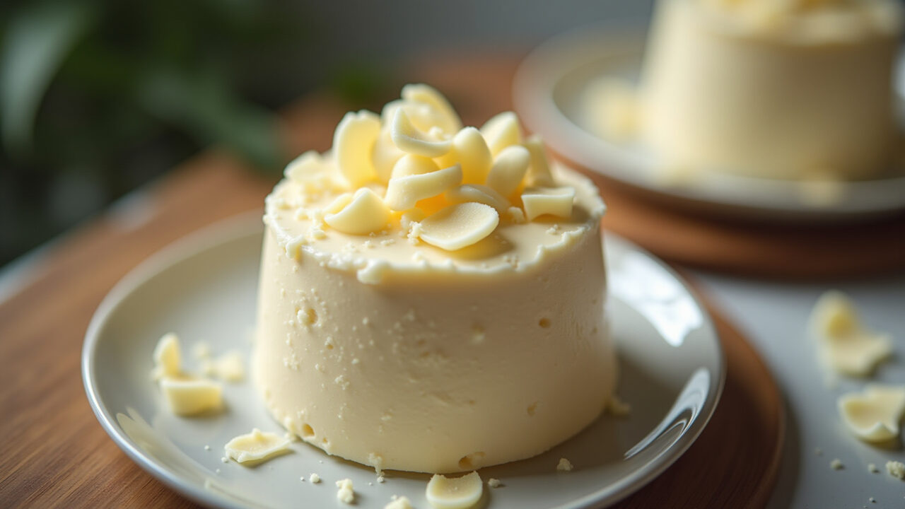 Lifestyle photography of a light and airy mousse de leite Ninho, topped with white chocolate Mousse de leite Ninho refrescante.
