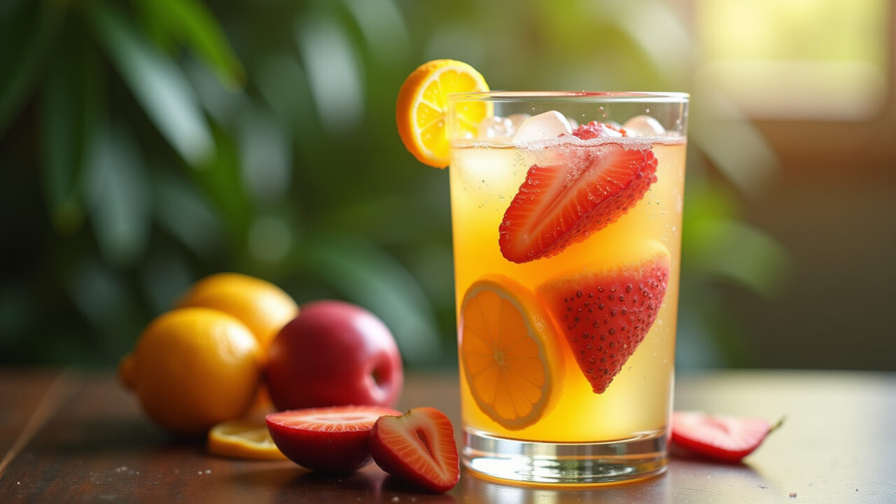 Lifestyle photography of a refreshing bebida láctea caseira with fruits, served in a glass, Bebida láctea caseira refrescante.