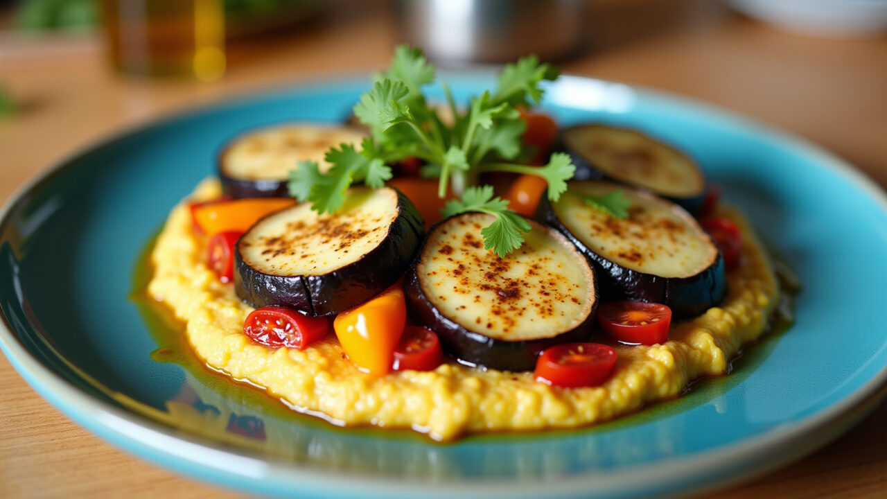 Lifestyle photography of a vegan tapioca with hummus and grilled vegetables (zucchini, eggplant, Tapioca vegana com homus e legumes grelhados, opção vegetariana.