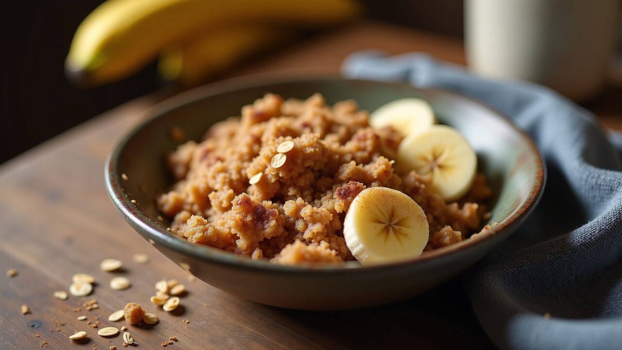 Lifestyle photography of a warm banana crumble with cinnamon and oats, served in a rustic bowl, Crumble de banana com canela.