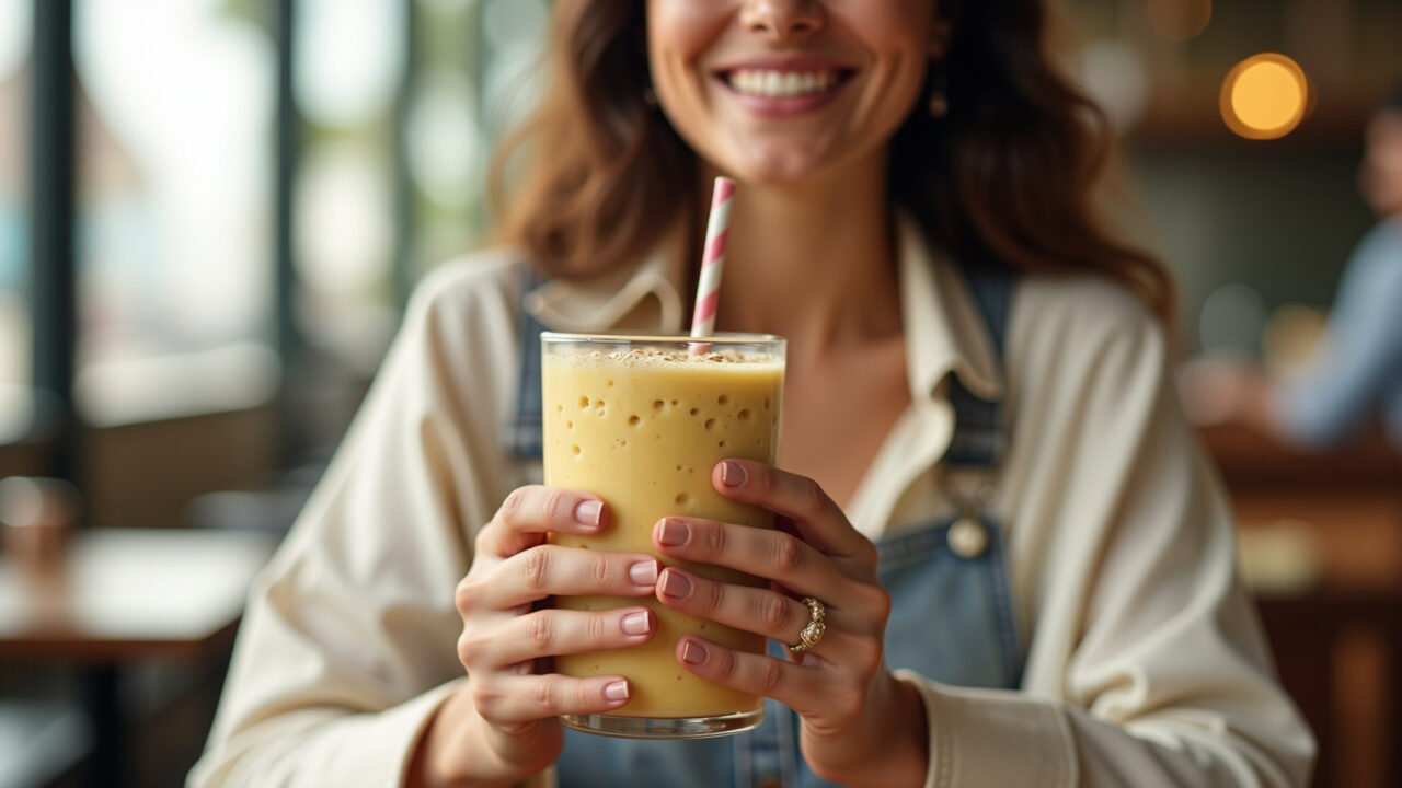 Lifestyle photography of a woman holding a banana smoothie with oats, Brazilian cafe setting, Vitamina de banana com aveia.