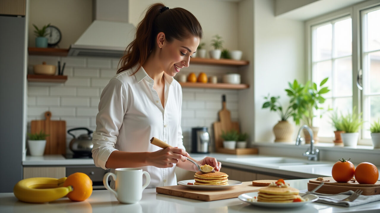 Lifestyle photography of a woman making banana pancakes in a bright, modern Brazilian kitchen, Panqueca de banana fit.