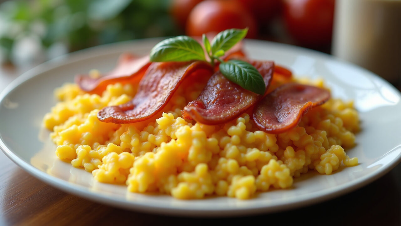 Lifestyle photography of tapioca with scrambled eggs and bacon, energetic breakfast, 8K quality, Tapioca com ovos mexidos e bacon, café da manhã energético.