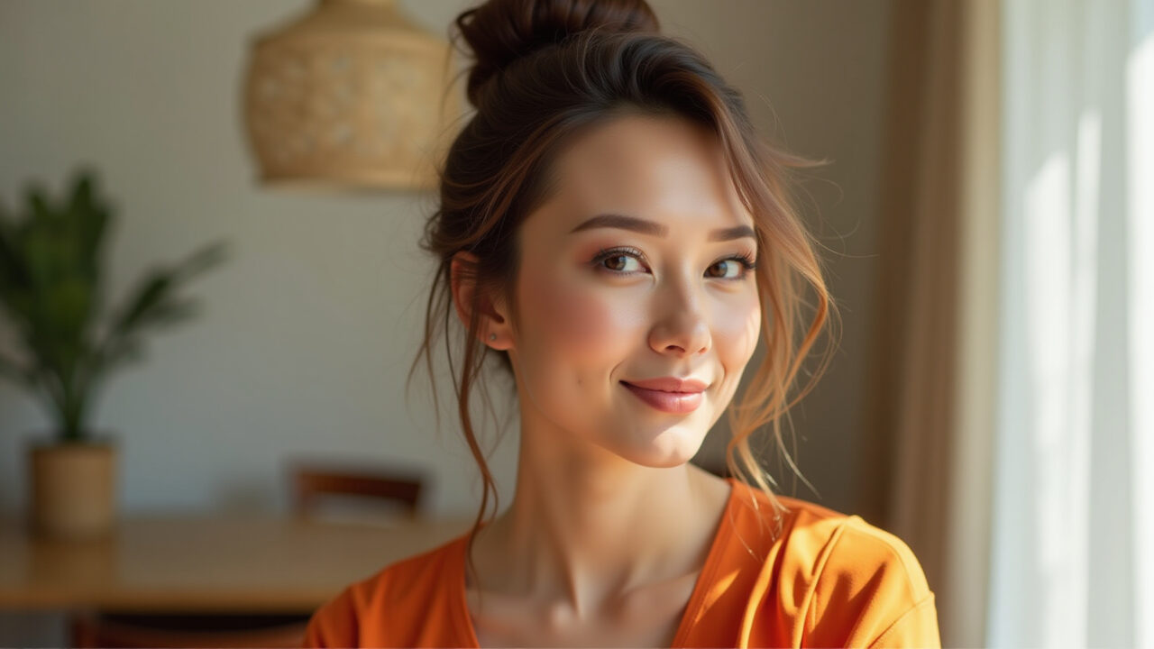 Maquiagem leve e natural para usar com vestido laranja durante o dia.