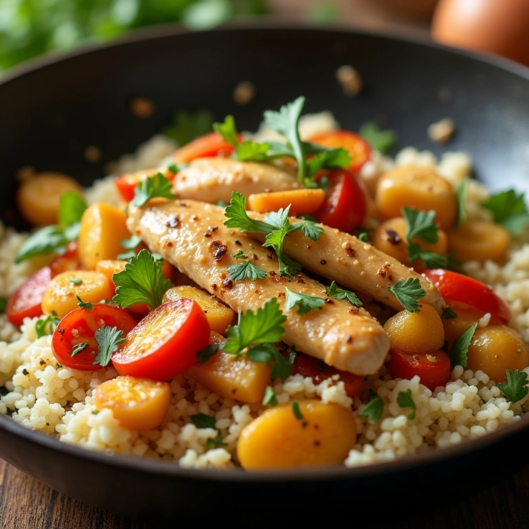 Light chicken stir-fry with cauliflower rice and colorful vegetables in a wok, Brazilian kitchen Frango xadrez light com arroz de couve-flor, versão saudável.