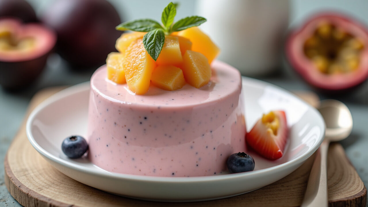 Light passion fruit mousse with natural yogurt, vibrant colors, Brazilian dessert. Natural Mousse leve de maracujá com iogurte natural, sobremesa refrescante.