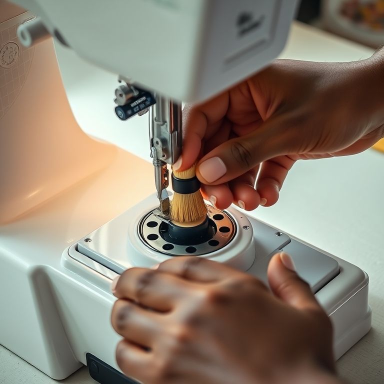 Limpando a bobina da máquina de costura.