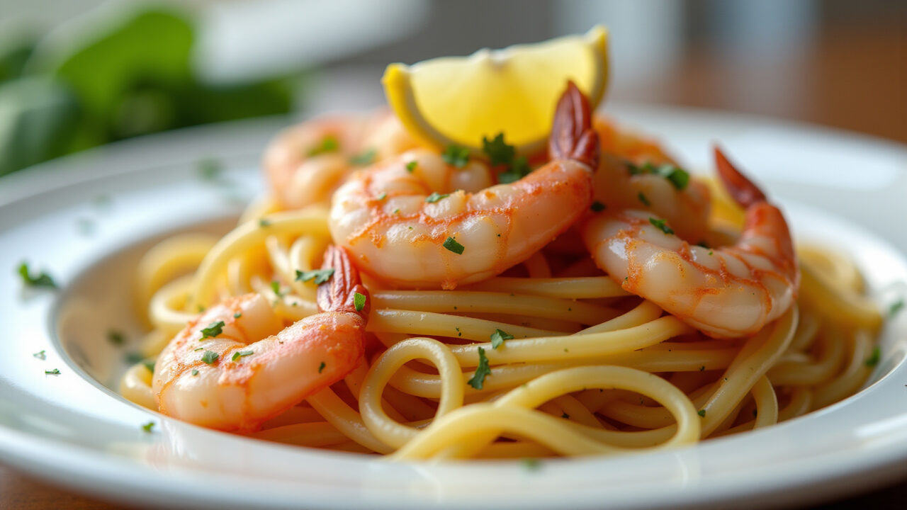 Linguine with shrimp scampi, lemon zest, professional photography, 8K quality, sharp focus, Macarrão com camarão ao limone.
