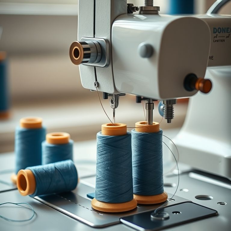 Linha de alta qualidade sendo passada em máquina de costura doméstica para costurar jeans.