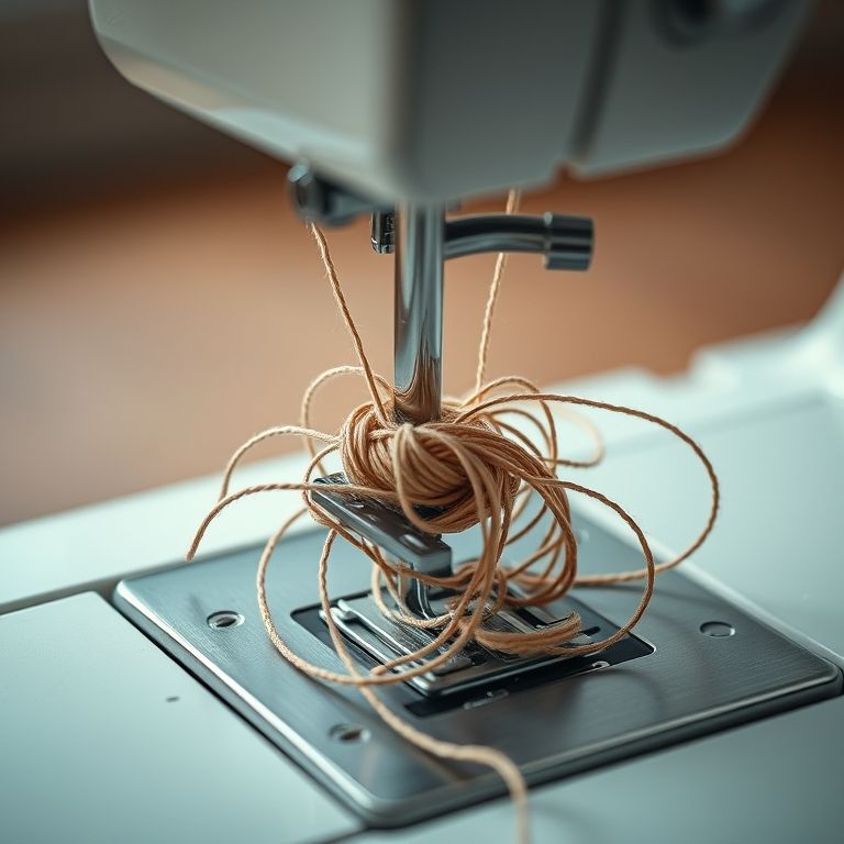 Linha de costura embaraçada na agulha da máquina.