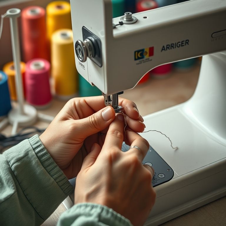 Linha de má qualidade sendo inserida em máquina de costura.