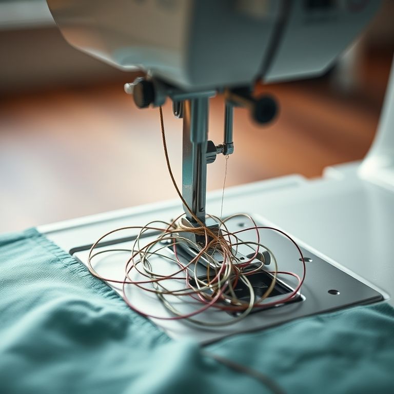 Linha embolada embaixo do tecido na máquina de costura.