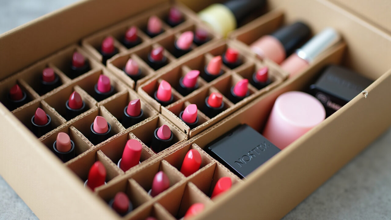 Lipsticks and small products organized in cardboard boxes, dividers, DIY, 8k, sharp focus, natural Batons e produtos pequenos organizados em caixas de papelão.