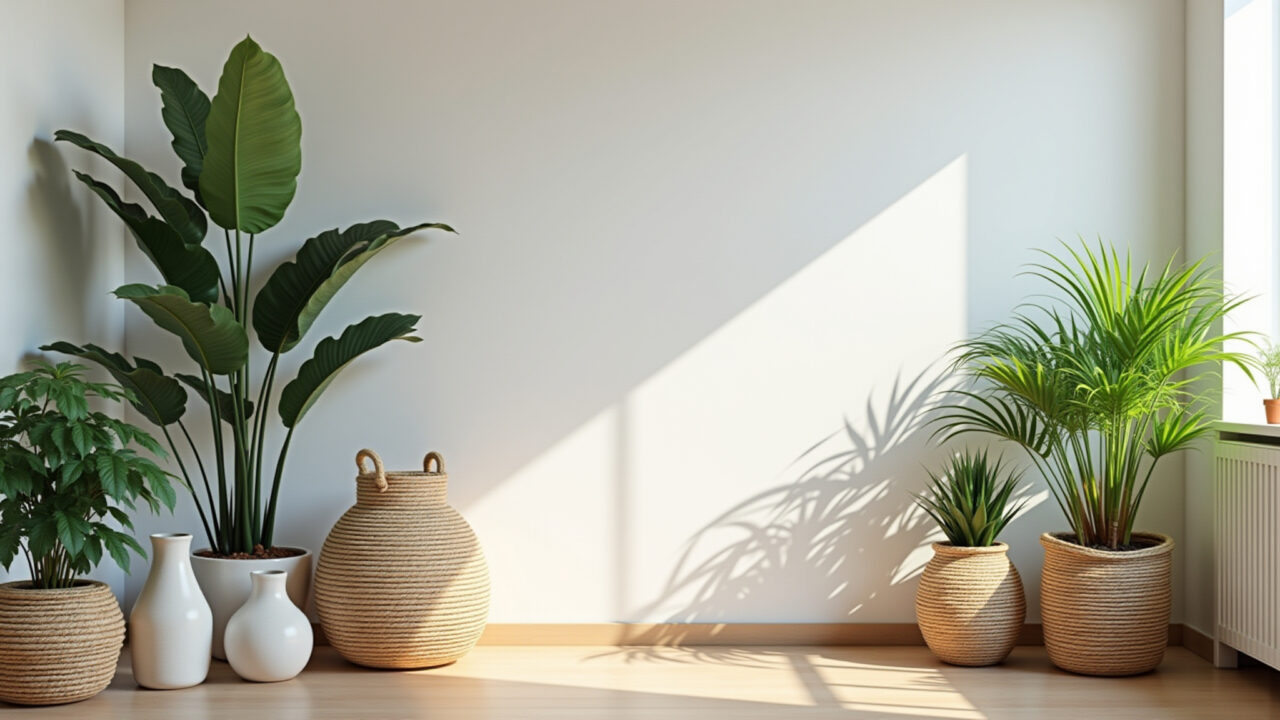Living room, potted plants, ceramic vases, straw baskets, minimalist decor, natural light, Plantas e elementos naturais na decoração clean.