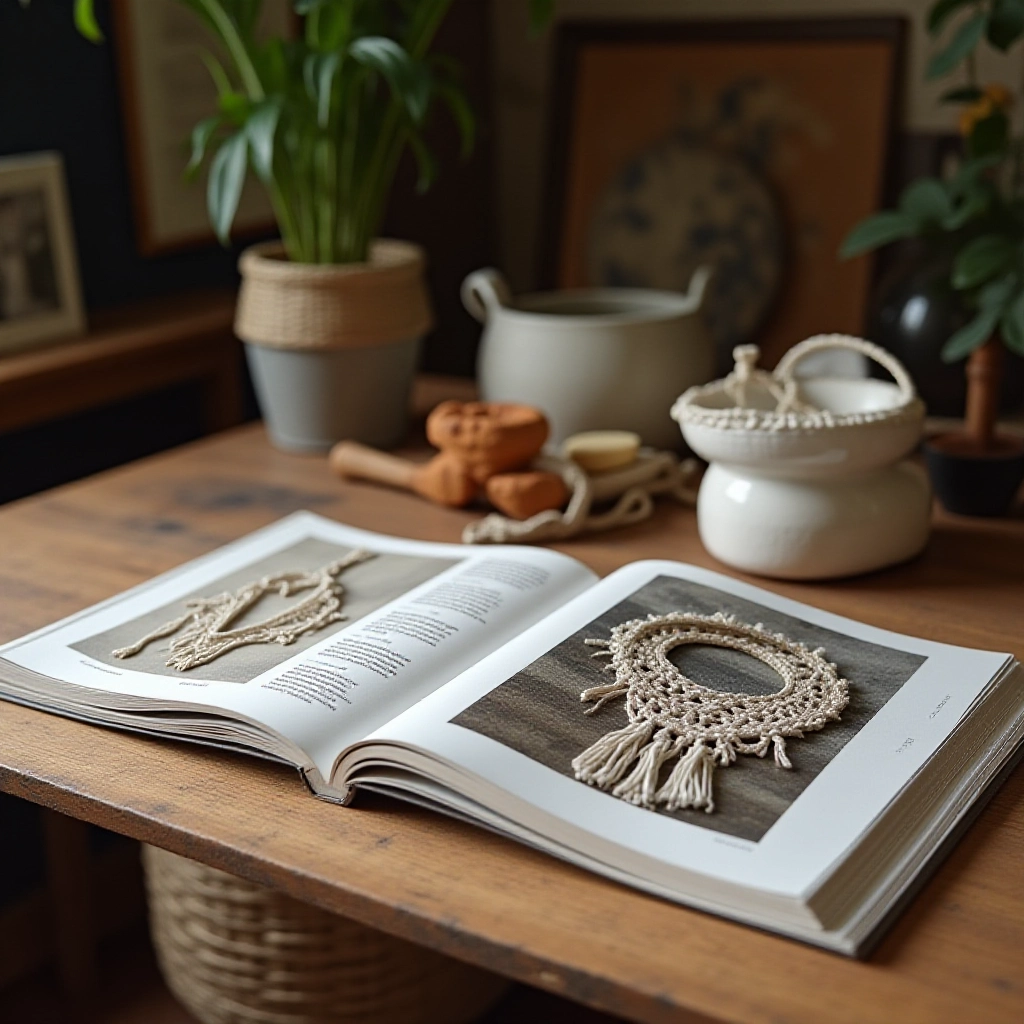 Livros e tutoriais de macramê inspirando novas criações.